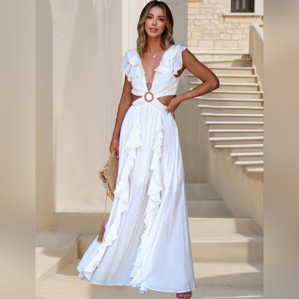 Elegant Ivory Cutout Ruffle Maxi Dress